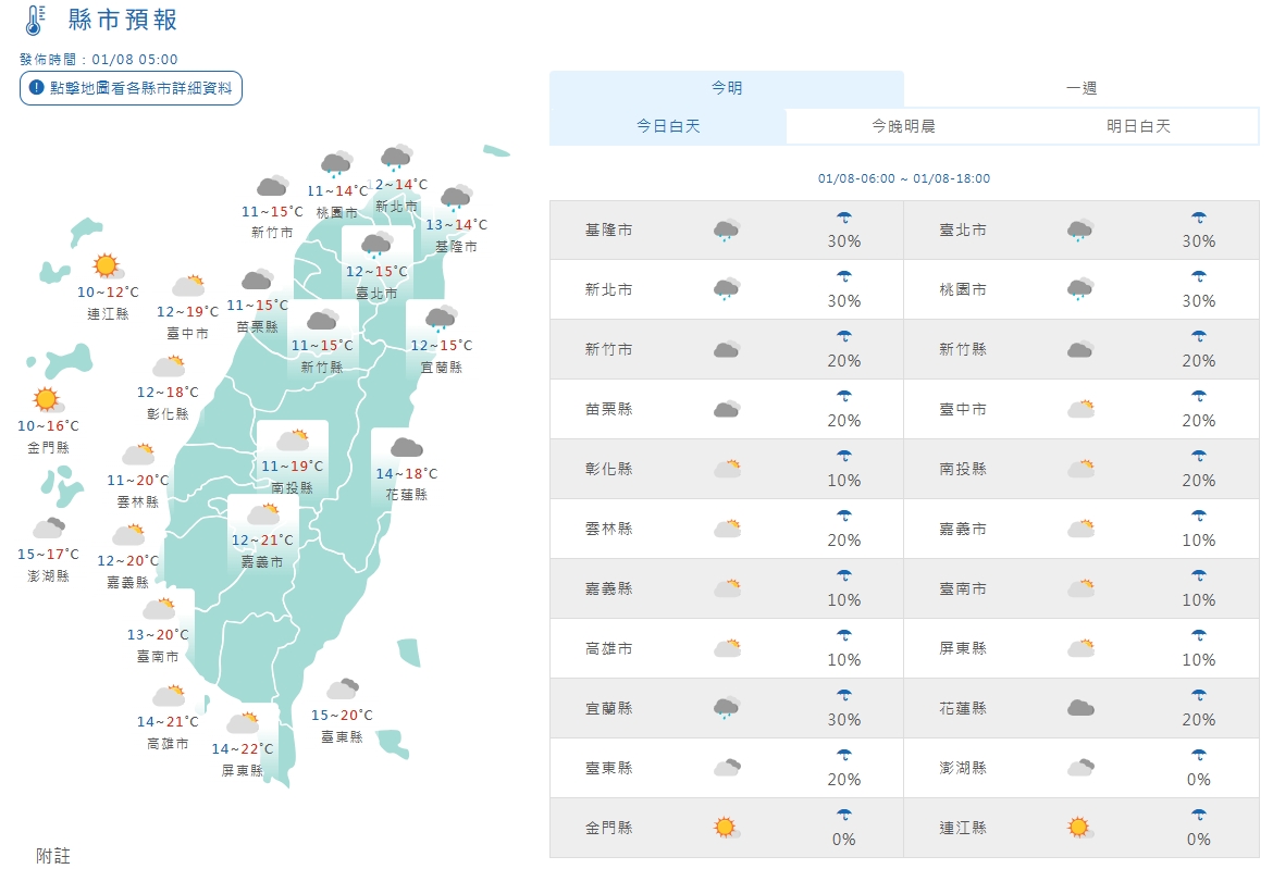 全台各地白天天氣狀況。（翻攝自中央氣象署官網）