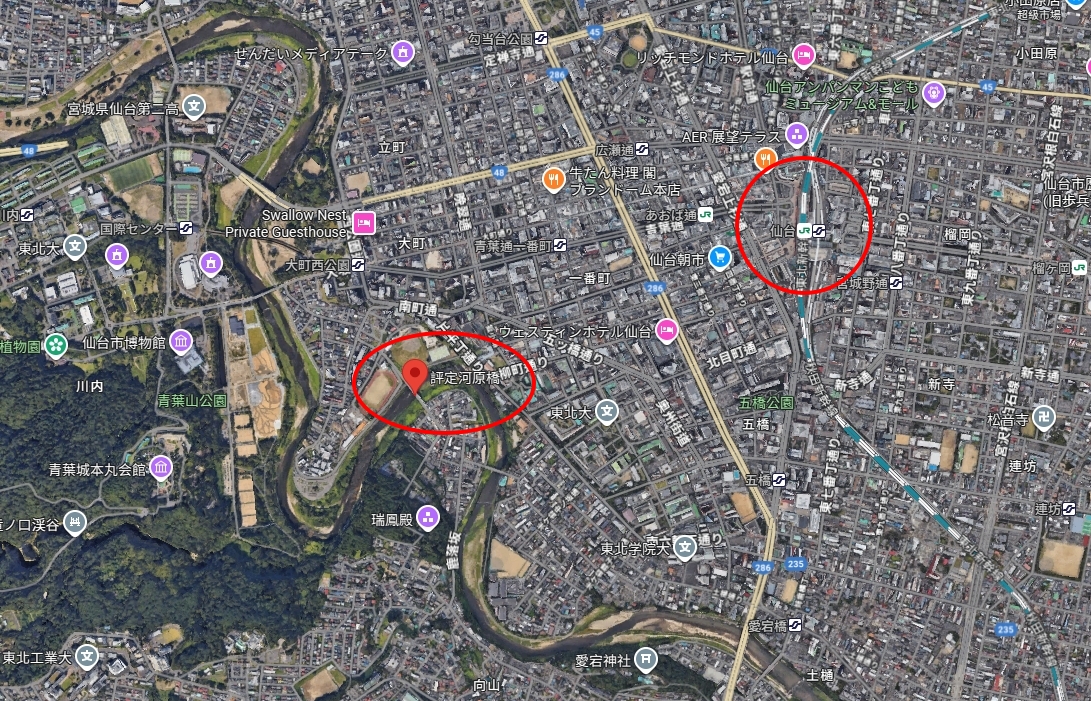 被民眾通報目擊5隻熊出沒的評定河原橋，距離JR仙台站約3公里的距離。（翻攝自Google Maps）