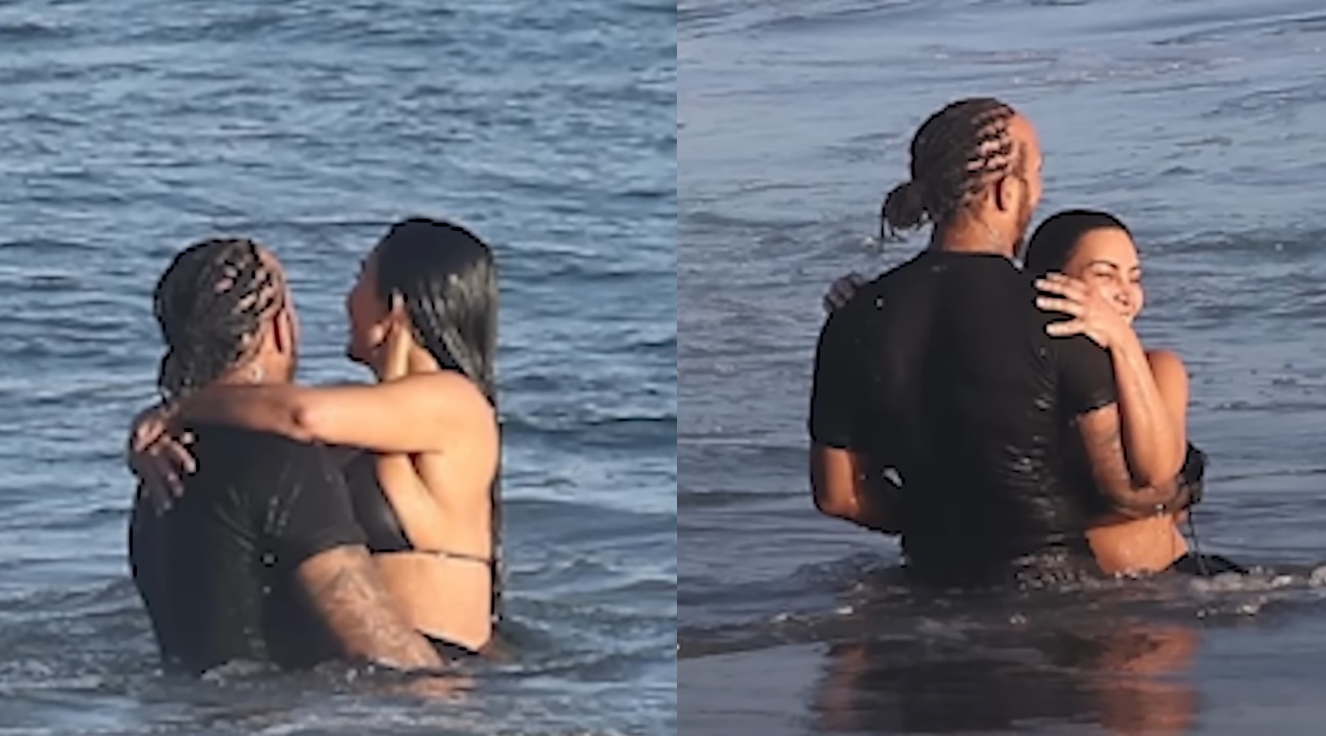 金卡戴珊穿著黑色比基尼，完美勾勒出凹凸有致的火辣線條，與漢米爾頓在海中相擁激吻。（翻攝自YouTube頻道@enews）