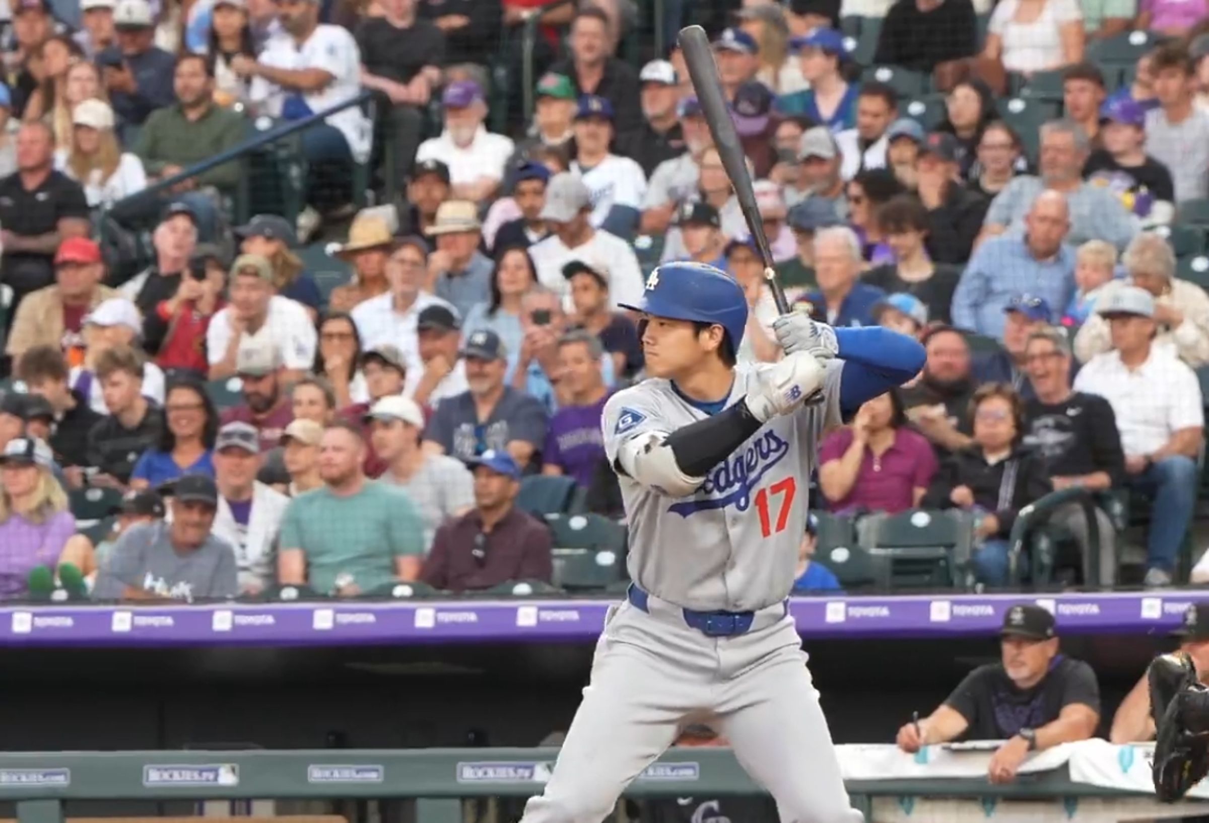 大谷翔平今對上洛磯隊的比賽中,敲出個人職業生涯第300轟。(翻攝自X @Dodgers)