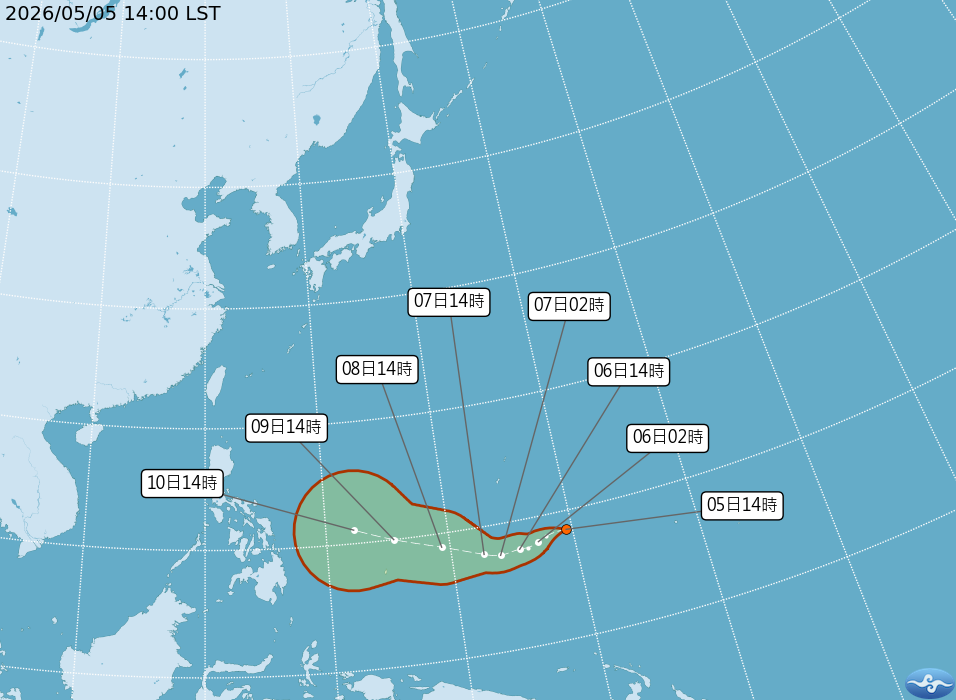 關島附近今天有熱帶性低氣壓TD05生成，有機會在未來1至2天內成為「哈格比」颱風。（中央氣象署提供）