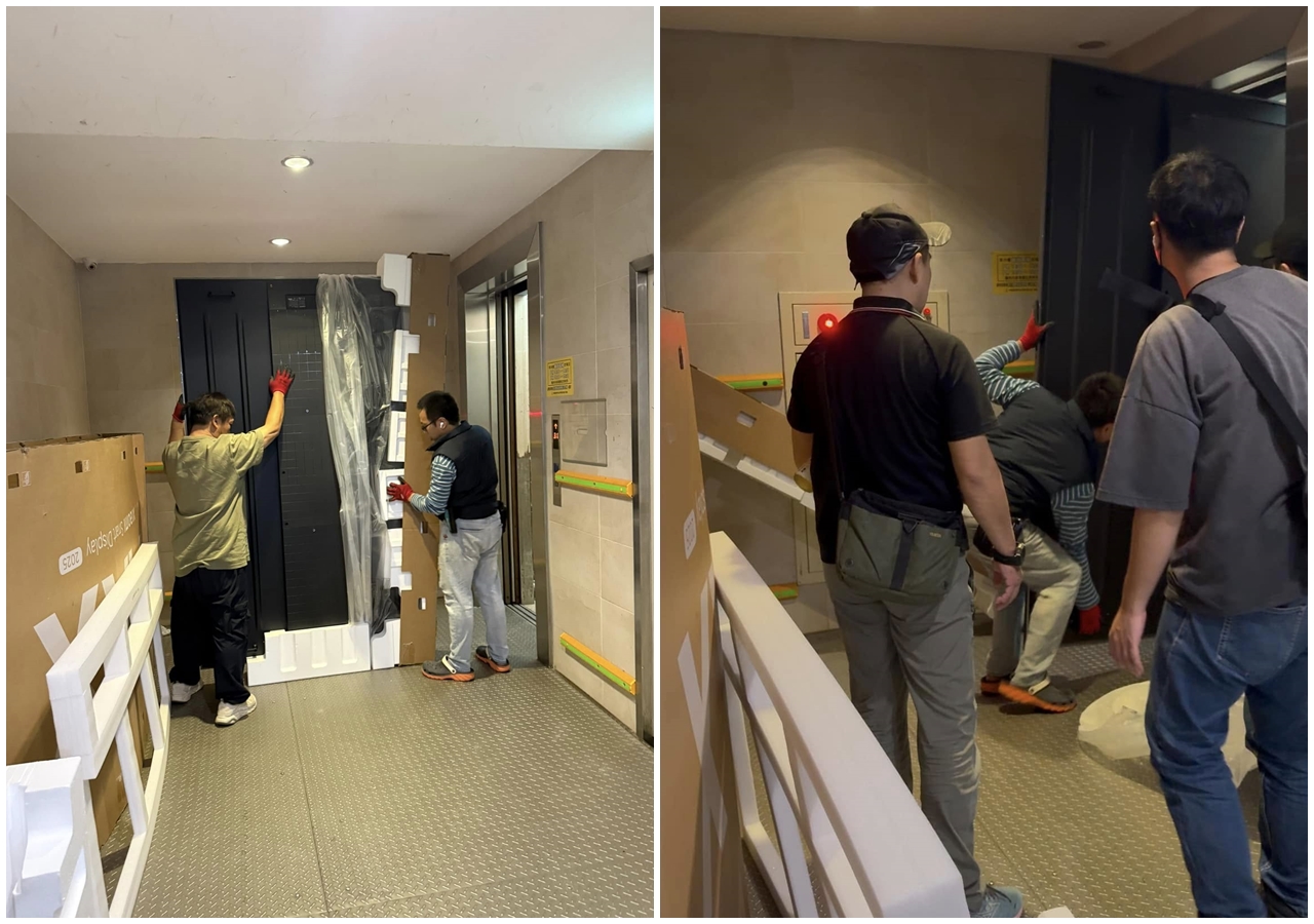 有位網友在臉書社團po文，提到鄰居的家裡正搬著100吋電視準備安裝，原po看到後直呼「好驚人的畫面」。（翻攝自路上觀察學院）