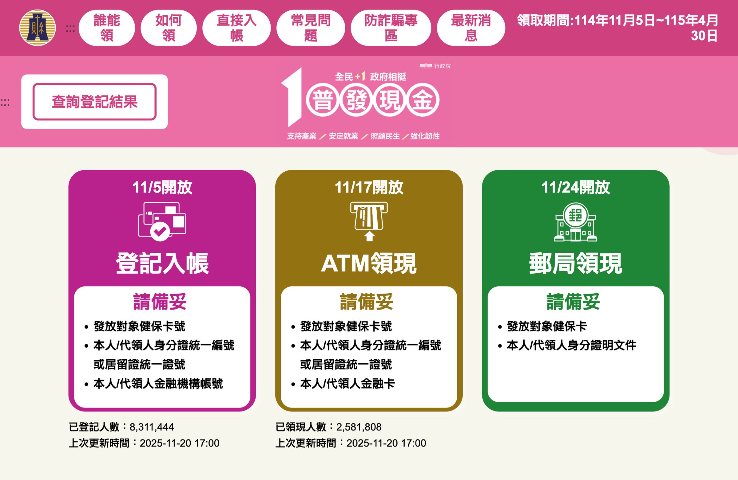 財政部普發現金網站登記頁面。(翻攝畫面)