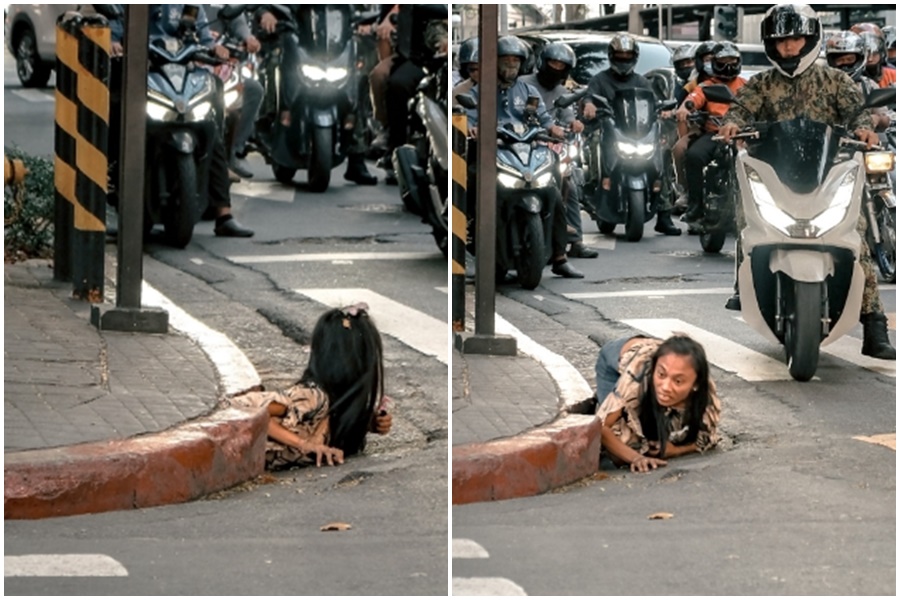 菲律賓一名長髮女子因從排水孔爬出來，被路過攝影師拍下，意外掀起媒體高度討論。（翻攝自IG）