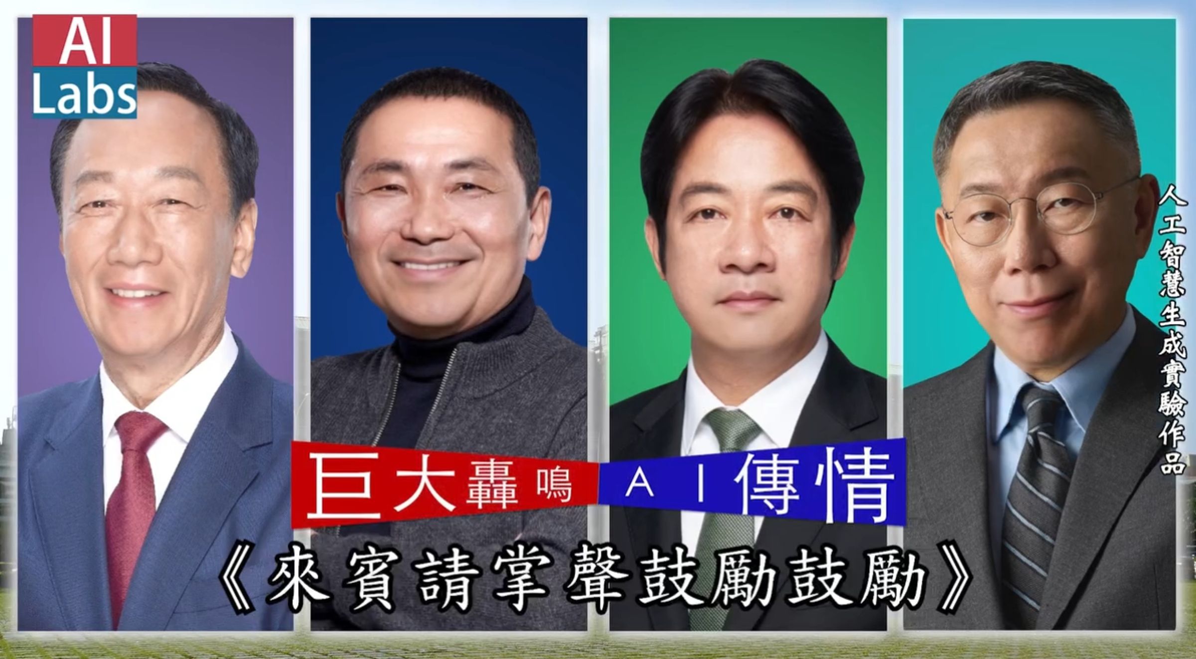 台灣人工智慧實驗室以AI製作賴清德、侯友宜、柯文哲、郭台銘4人合唱的MV。（翻攝自Taiwan AI Labs臉書）