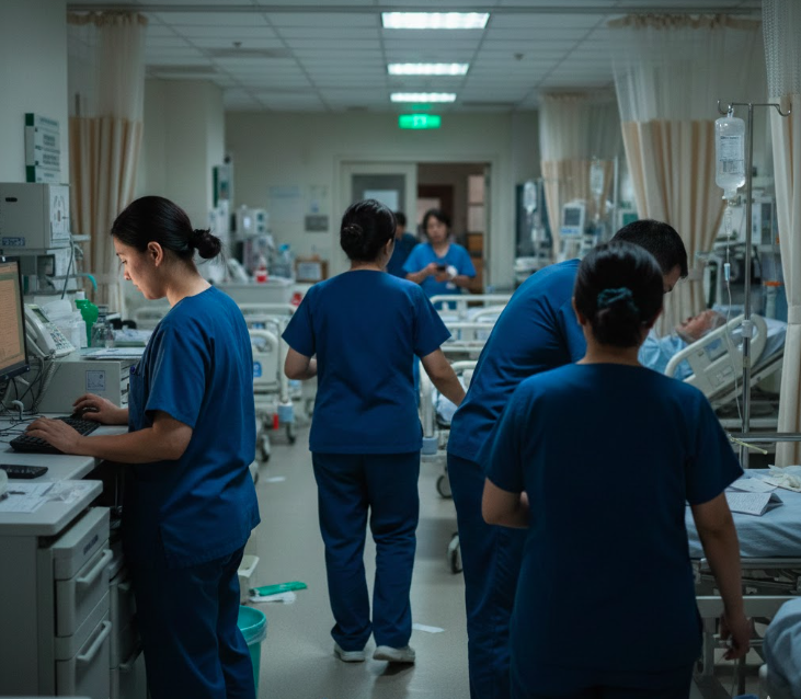 有網友投稿,某家醫院貼出的文宣寫著「我願意加班」,內容被網友砲轟滿滿情緒勒索。(示意圖,由AI生成)