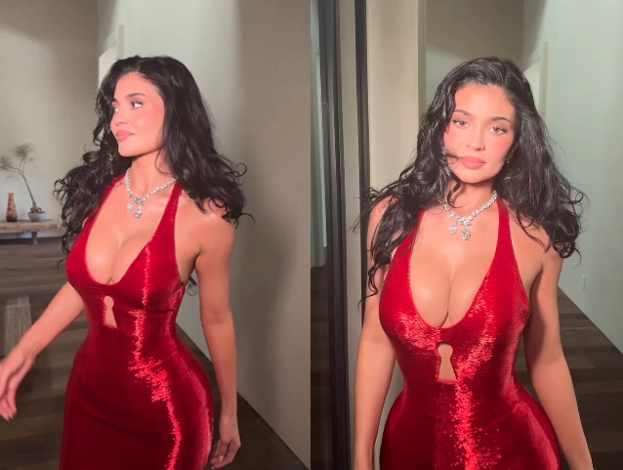 Kylie Jenner化身真人版「兔子潔西卡」，一襲胸前大U挖空的紅色包臀裙，辣翻奧斯卡紅毯。（翻攝自IG@kyliejenner）