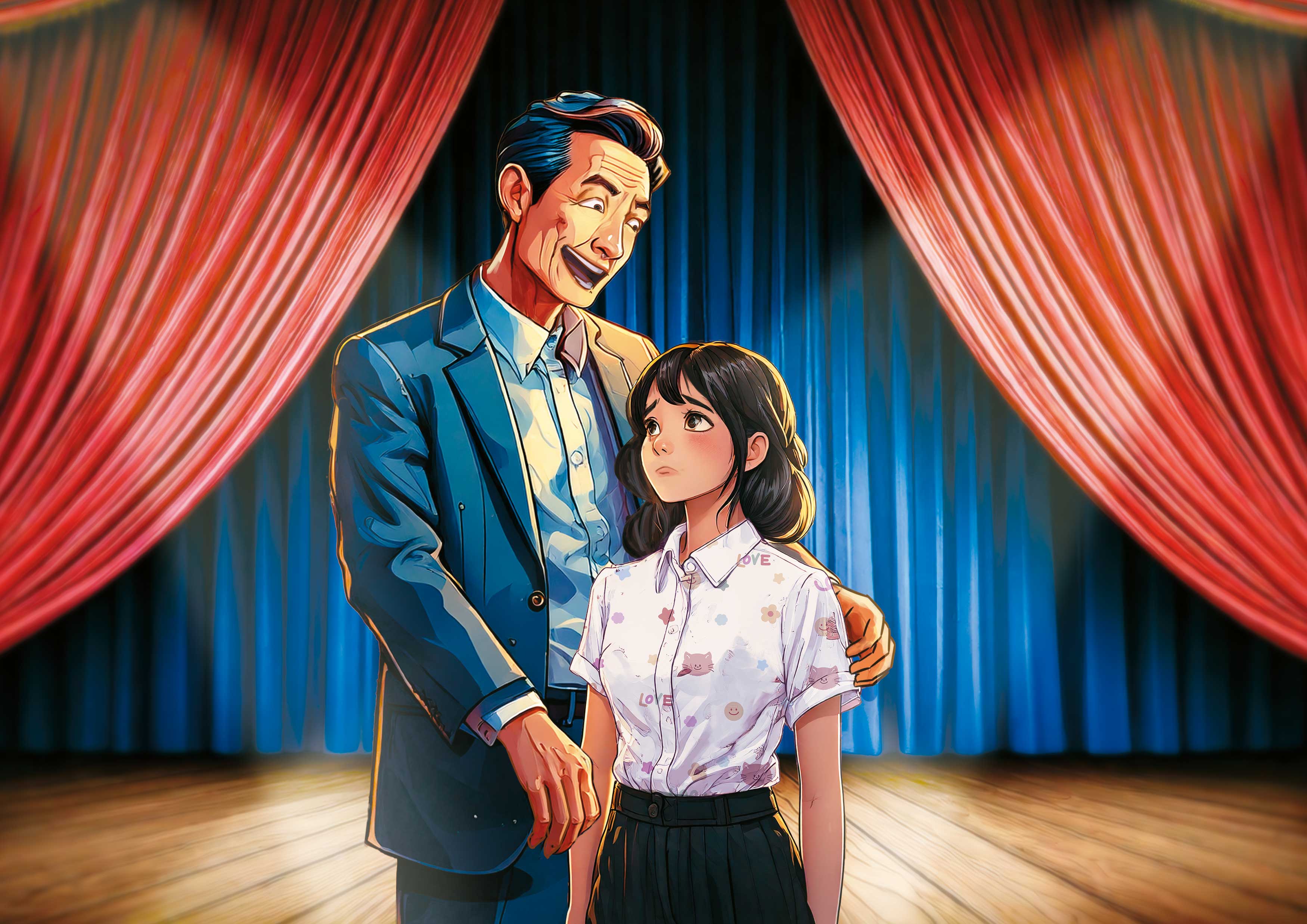 台北市某國小校長（左）常在公開場合對女學生搭肩、拉手臂，引發性騷爭議。（示意畫面，AI繪圖Adobe Firefly生成，本刊美術組後製）