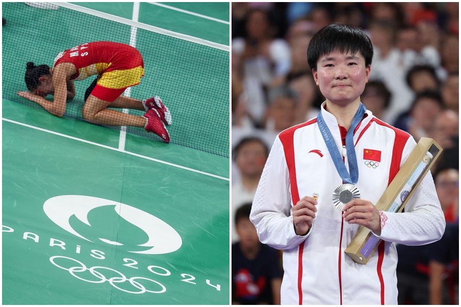 西班牙前球后馬琳在巴黎奧運羽球女單4強遭遇膝傷，2天後發聲明感謝何冰嬌，並暗示可能退役。（翻攝自X@CarolinaMarin、X@paugasol）