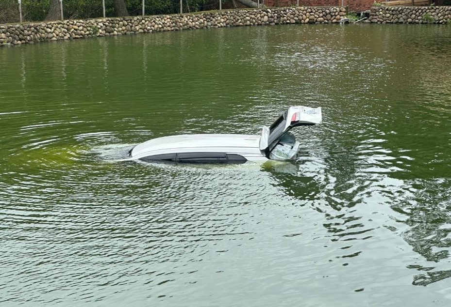 彭姓男子駕車在龍潭區，疑似倒車不慎整輛台墜入水池，他自己驚險脫困。（翻攝畫面）