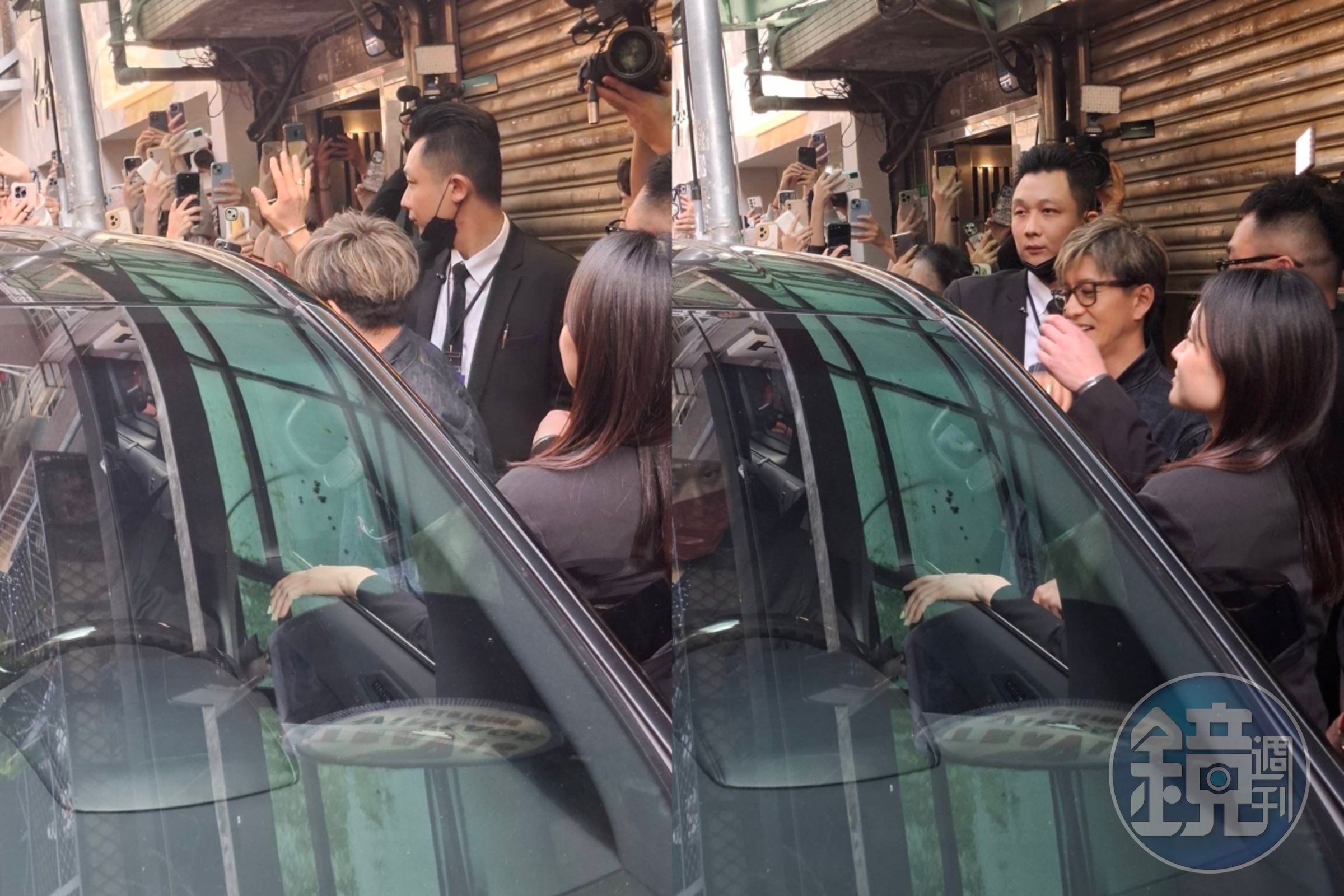 木村拓哉昨天離開赤峰街古著店時,已經上車還特地探頭出來揮手。(讀者提供)