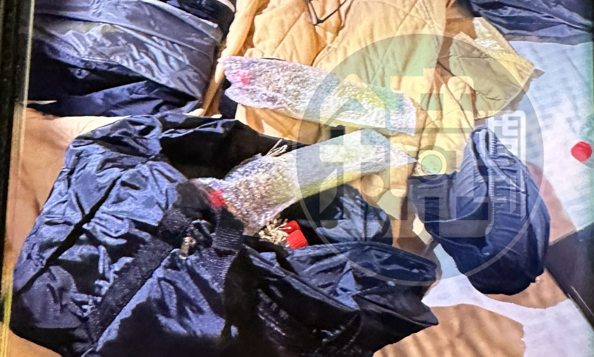 張文遺留在落腳處的背袋中,還零散放著預謀犯案的汽油彈。(翻攝畫面)