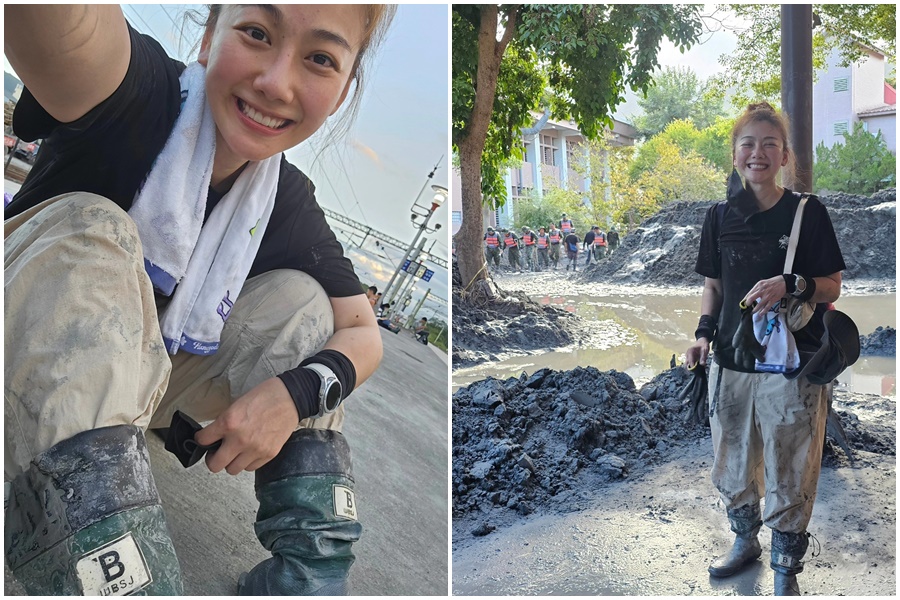 女星邵庭昨日趁著連假前往花蓮光復鄉協助災後復原，PO出現場滿身泥巴的照片。（翻攝自邵庭臉書）