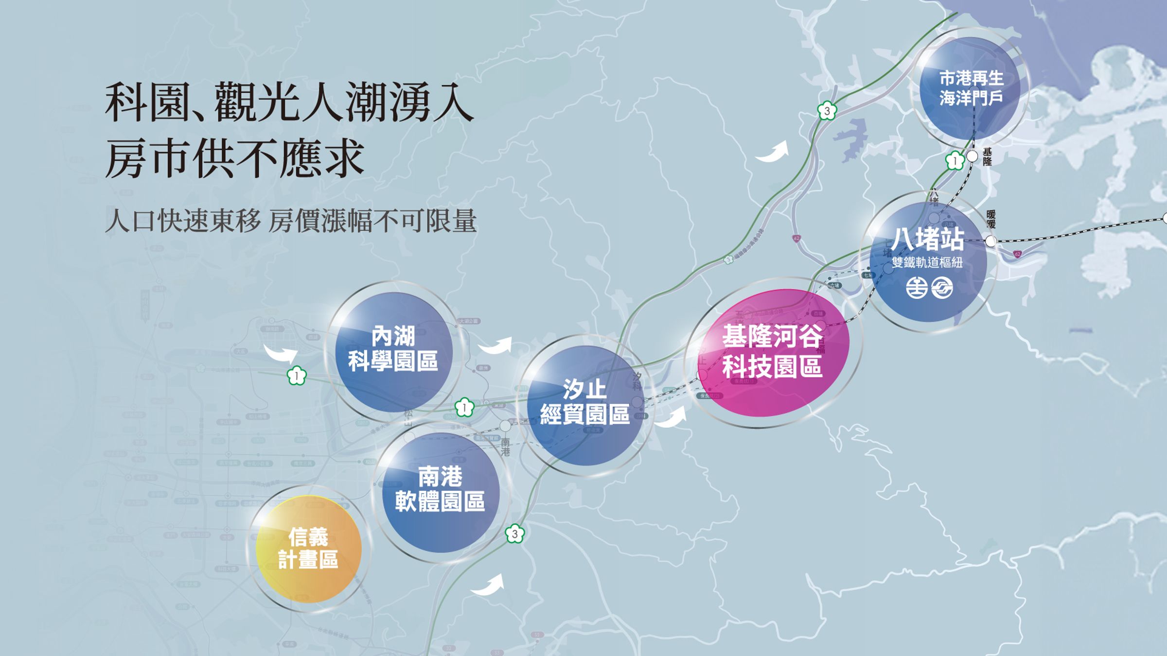 除了交通建設逐步到位,基隆市政府近年來積極推動基隆河谷科技園區計畫,也將帶動大量就業人口及產業進駐。