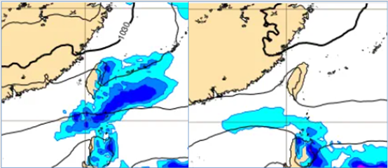 左圖：今日20時地面氣壓及降水圖顯示，北部、東半部有明顯降雨。右圖：13日8時地面氣壓及降水圖顯示，台灣附近無降水。（翻攝自洩天機教室）