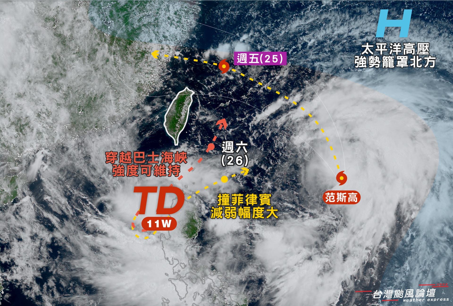 颱風范斯高今天生成，呂宋島西北方近海上還有熱帶低壓11W，可能會形成雙系統共舞環伺的狀況。（翻攝自「台灣颱風論壇｜天氣特急」臉書粉專）
