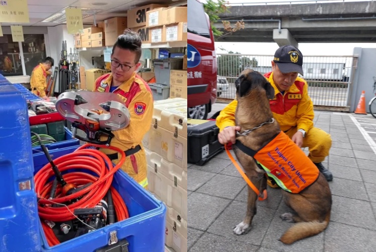 北市消防局在地震發生當天就已完成搜救隊動員準備，包含62名搜救隊員與2隻搜救犬。（北市府提供）