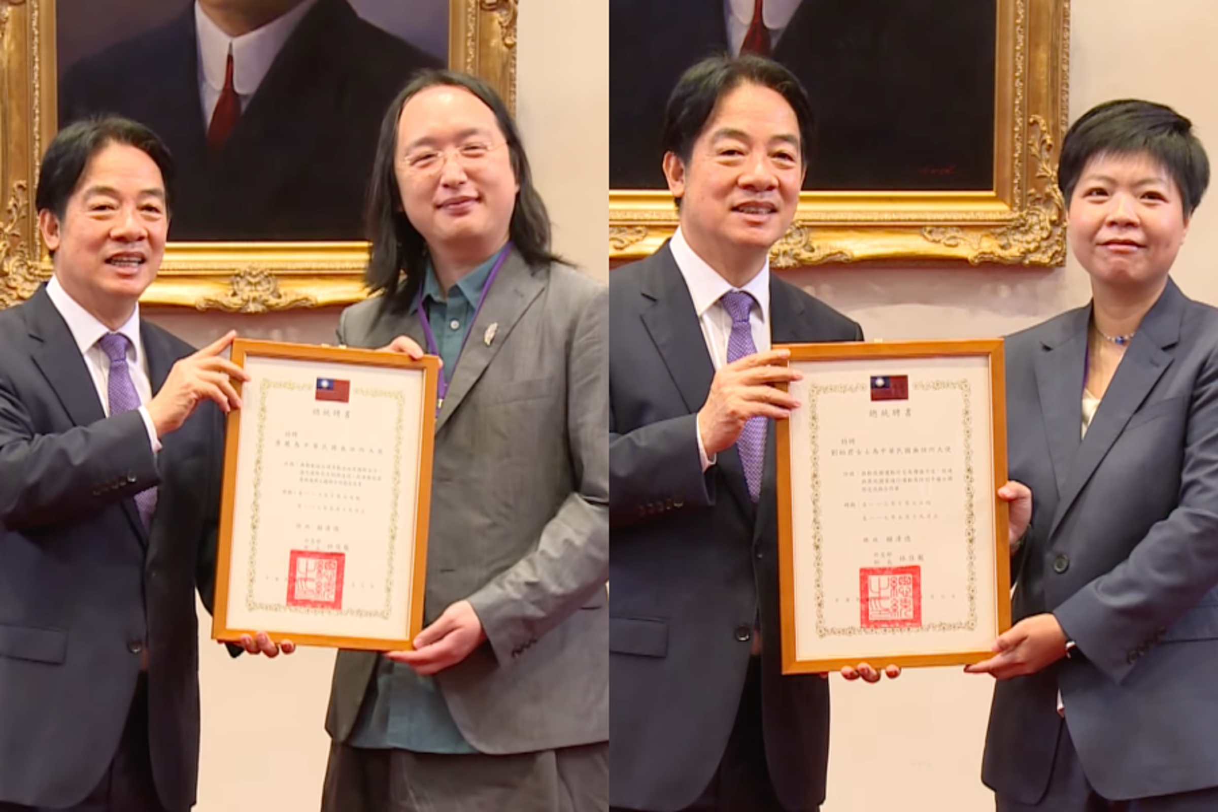 前數發部長唐鳳(左圖右)和棒球協會女裁判劉柏君(右圖右)也獲頒無任所大使聘書。(翻攝自presidentialoffice YouTube)