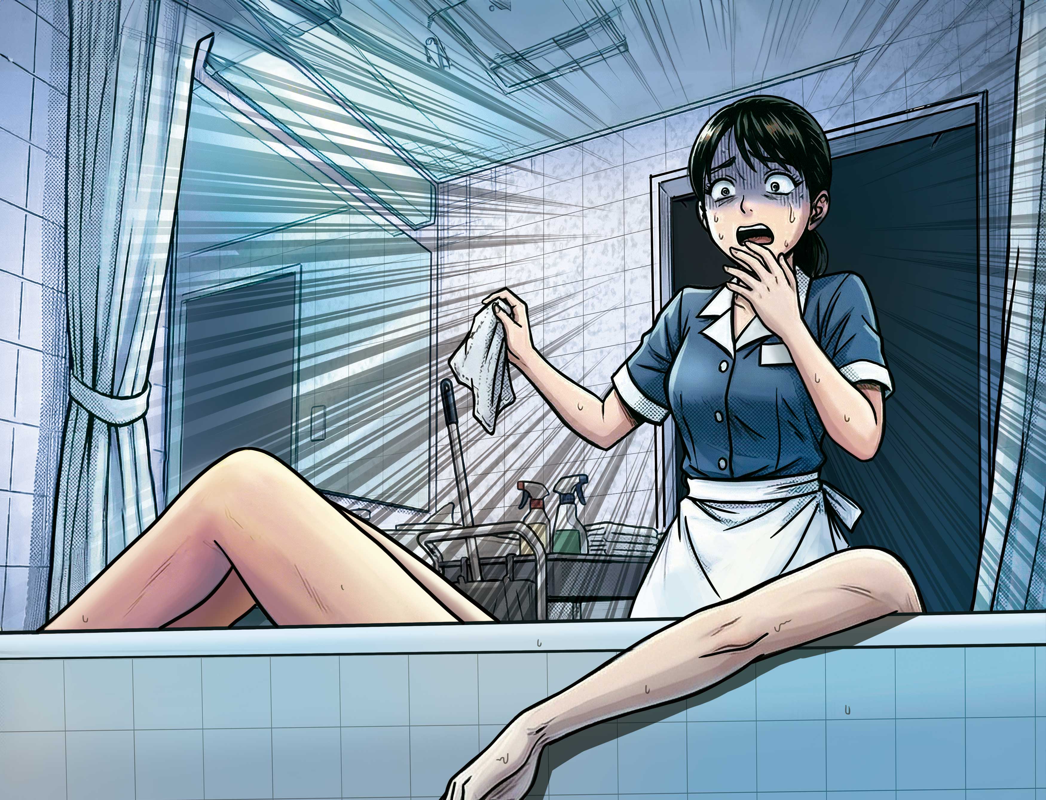 旅館房務人員發現浴缸裡有一具無頭女屍,嚇到放聲尖叫。(AI繪圖FREEPIK生成,本刊美術組後製)