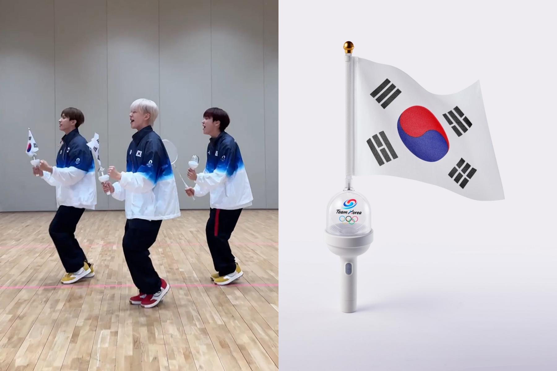 韓國推出應援手燈替參加巴黎奧運的國家隊打氣，找來SEVENTEEN分隊BSS夫碩順（左）應援。（合成圖，左翻攝自Instagram@ksoc_official、右翻攝自韓網）