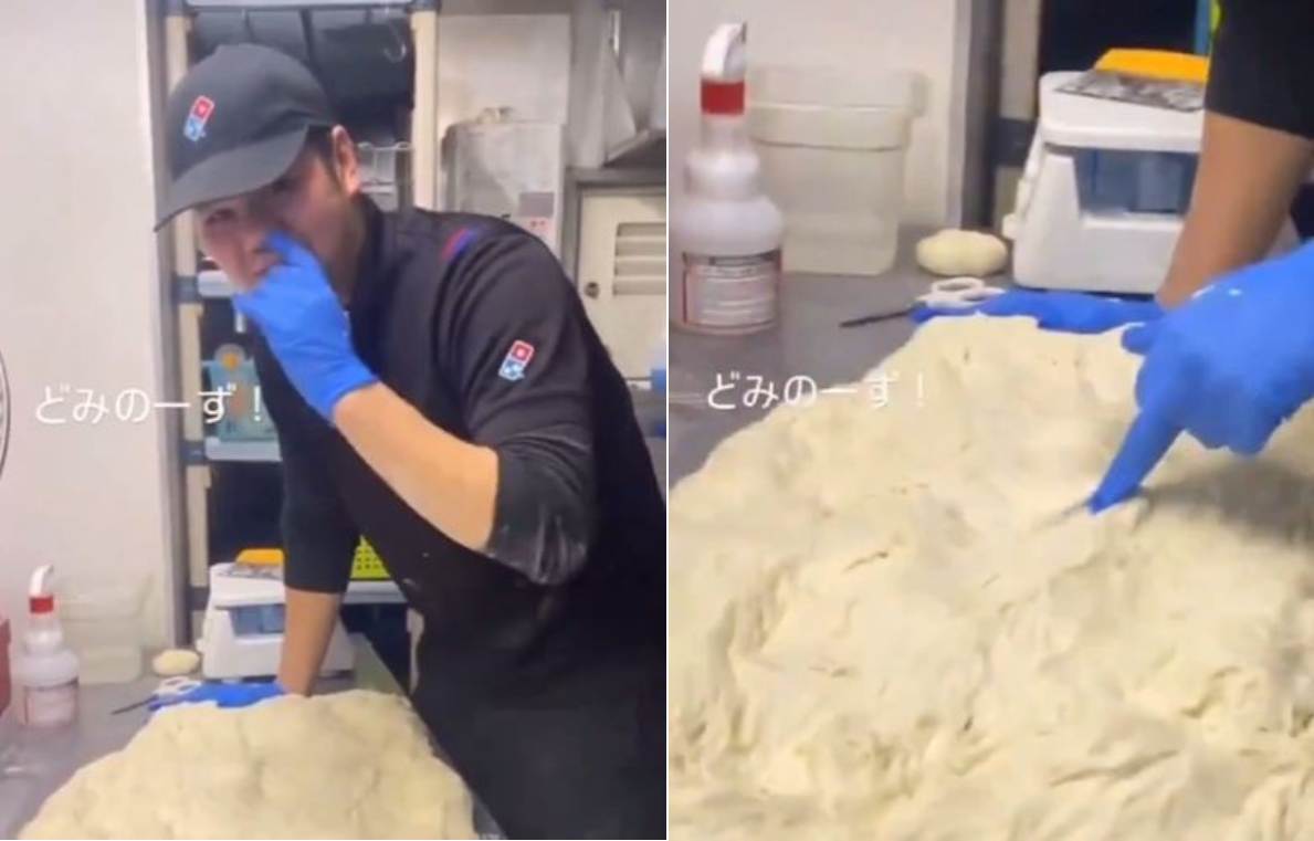 日本達美樂員工「鼻屎抹麵團」影片在網路上瘋傳，總公司緊急出面回應。（翻攝自X平台@roketdan2）