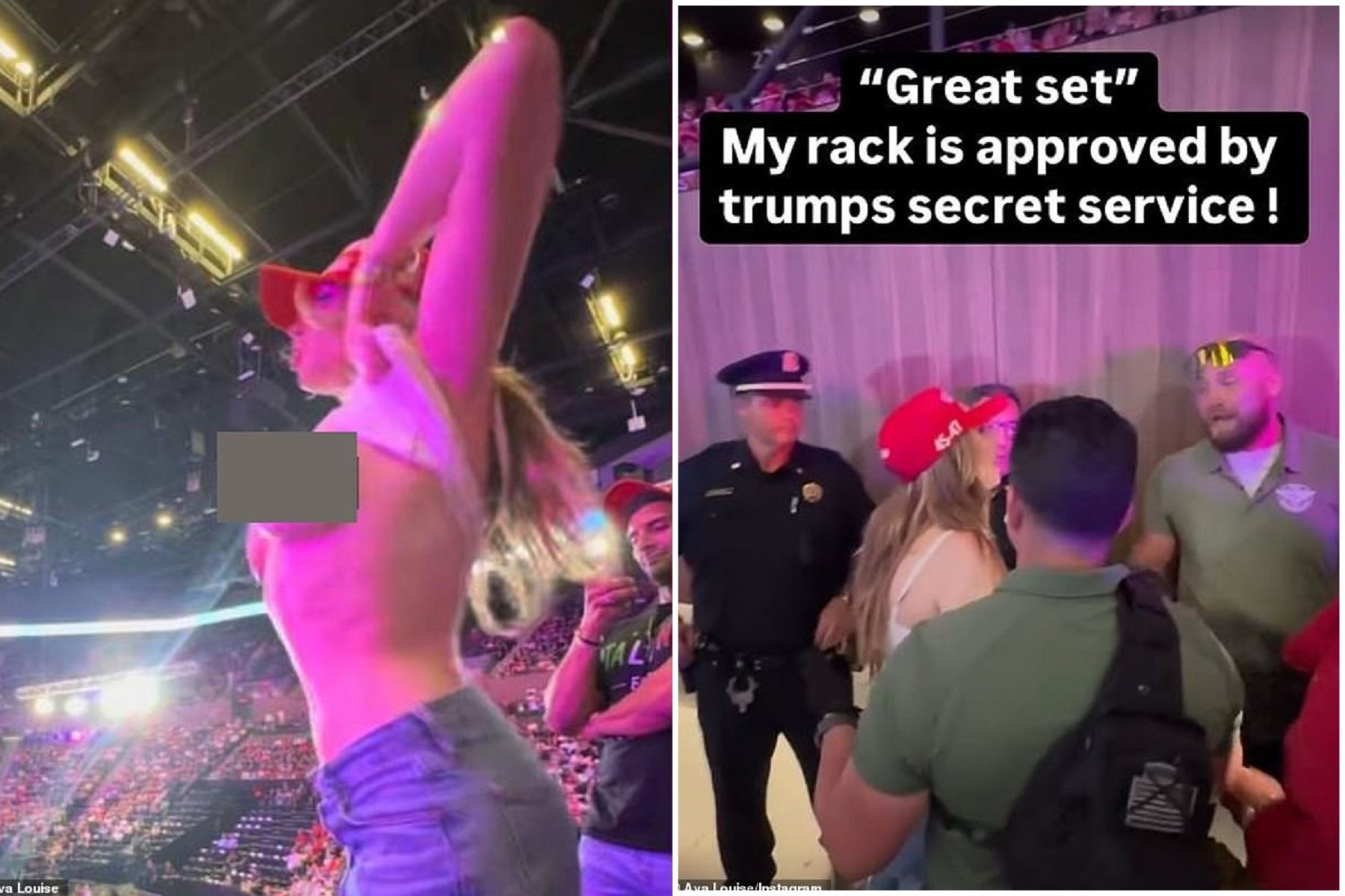 川普造勢場遭「奶彈恐攻」，性感女模被請出場！特勤對她「有反應」。（翻自IG）