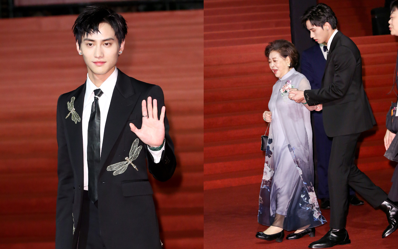 范少勳（左圖、右圖右）攙扶金馬影后陳淑芳（右圖左）步上紅毯。