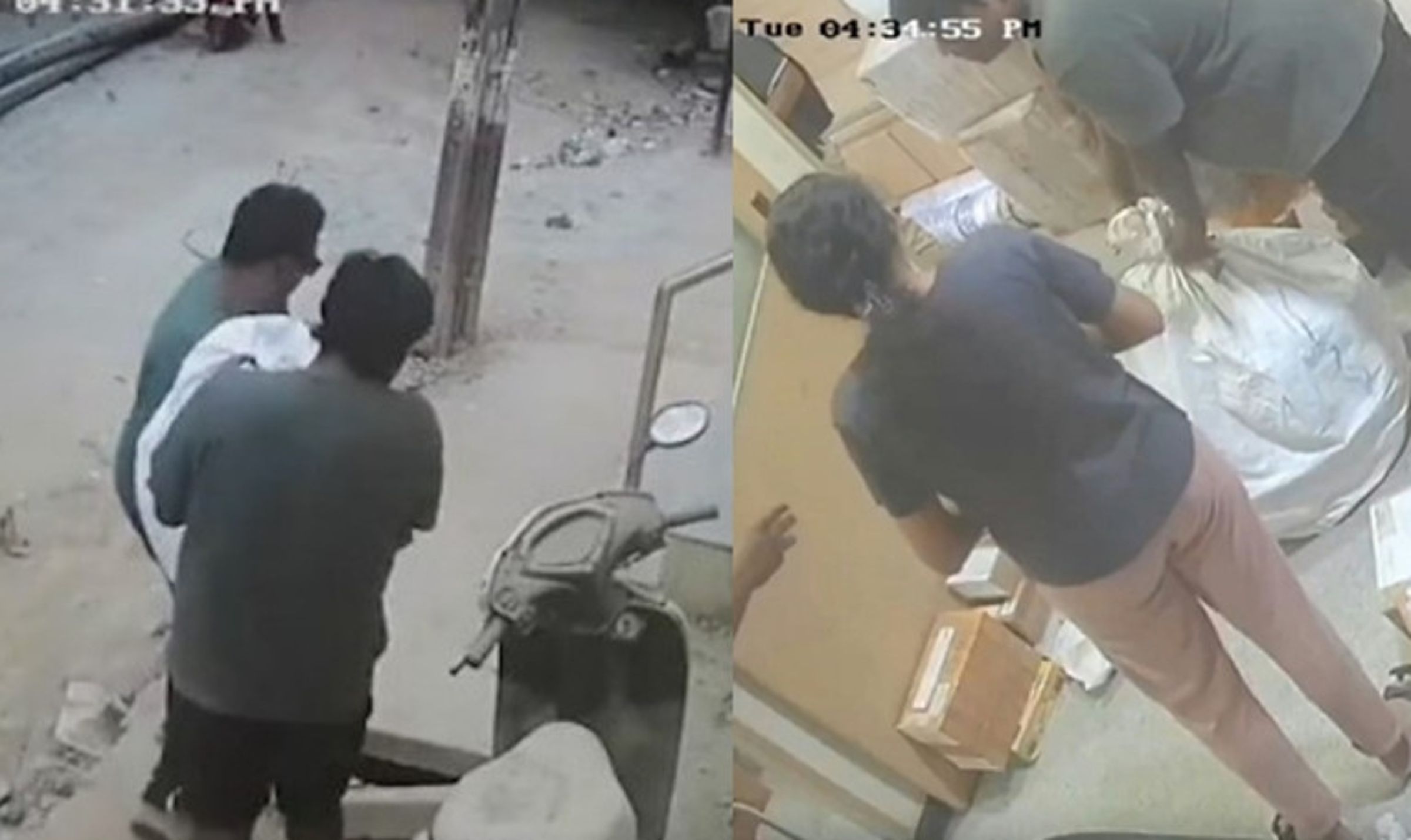 印度一名老翁被塞到麻布袋，被家人扛到門市打算當貨品快遞寄出。（翻攝影片）
