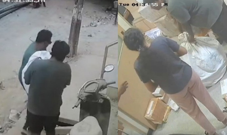 印度一名老翁被塞到麻布袋,被家人扛到門市打算當貨品快遞寄出。(翻攝影片)