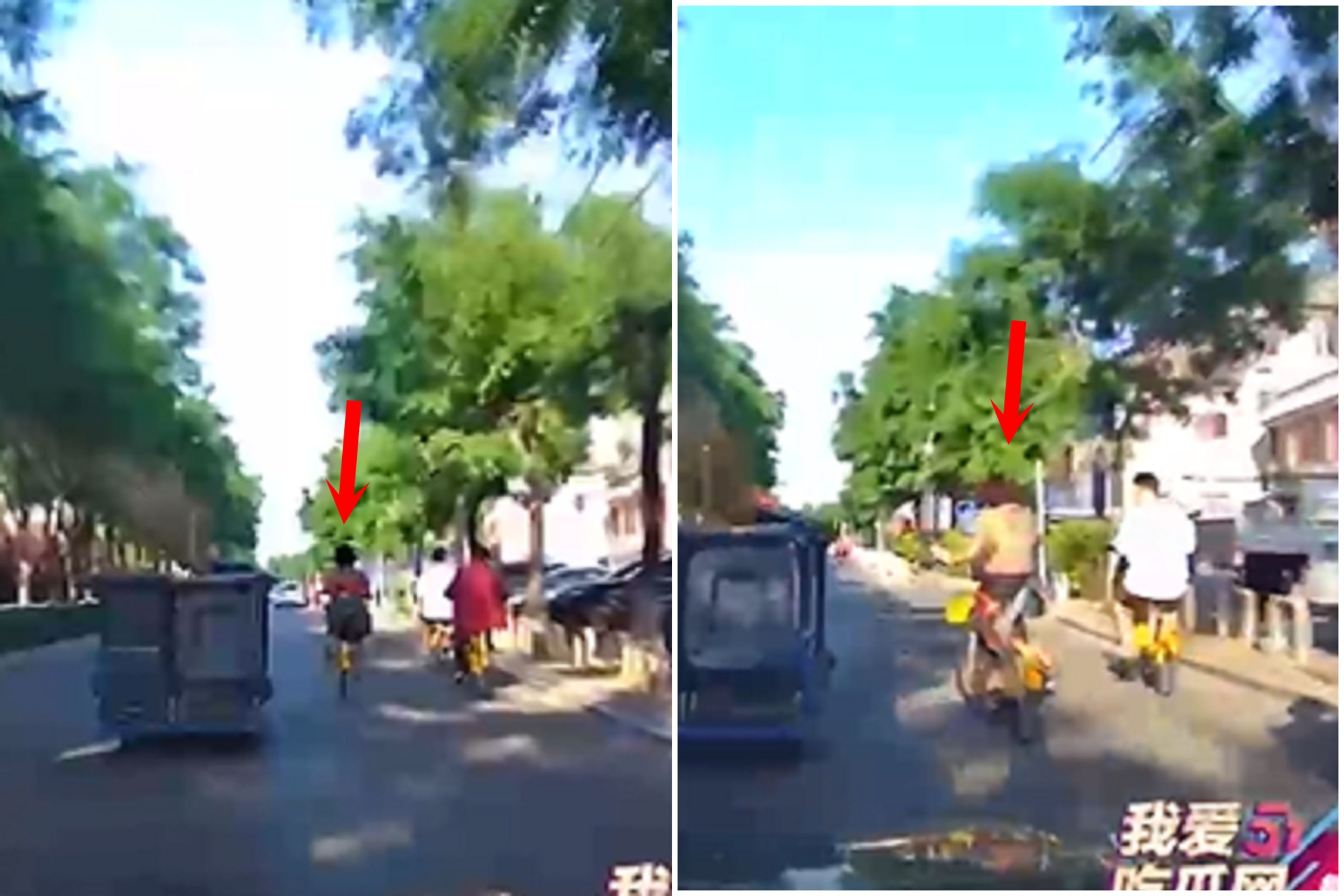 中國女騎單車悲劇了!整件長裙被車輪絞死,「奶奶」直接彈跳露出。(翻自《吃瓜網》)