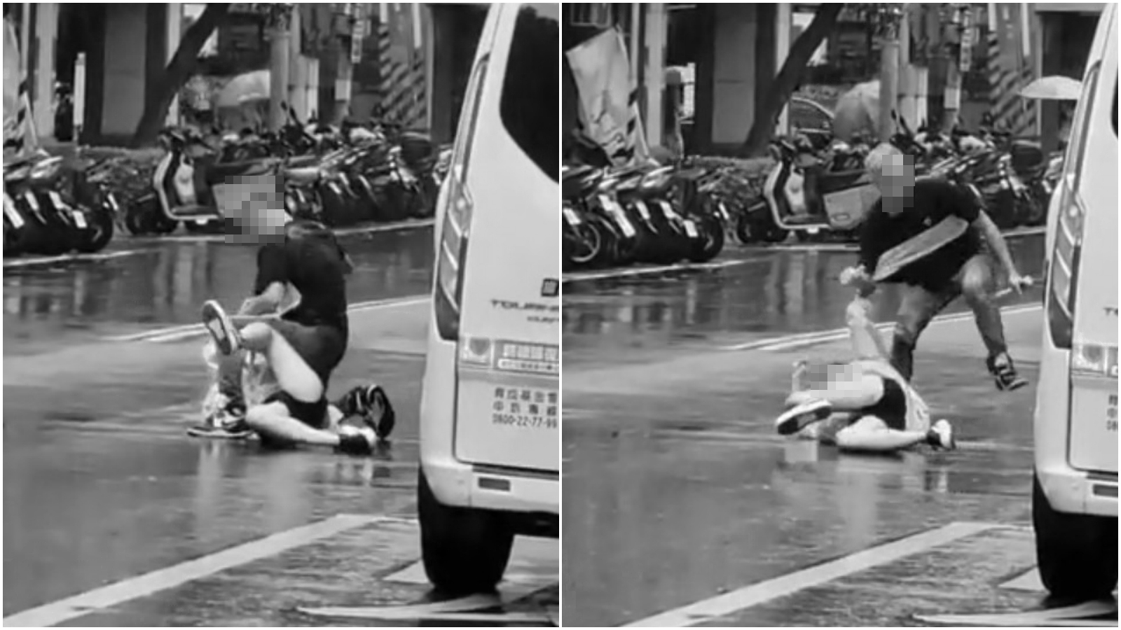 金髮男持刀棍行凶過程被拍下,相當驚悚。(翻攝畫面)