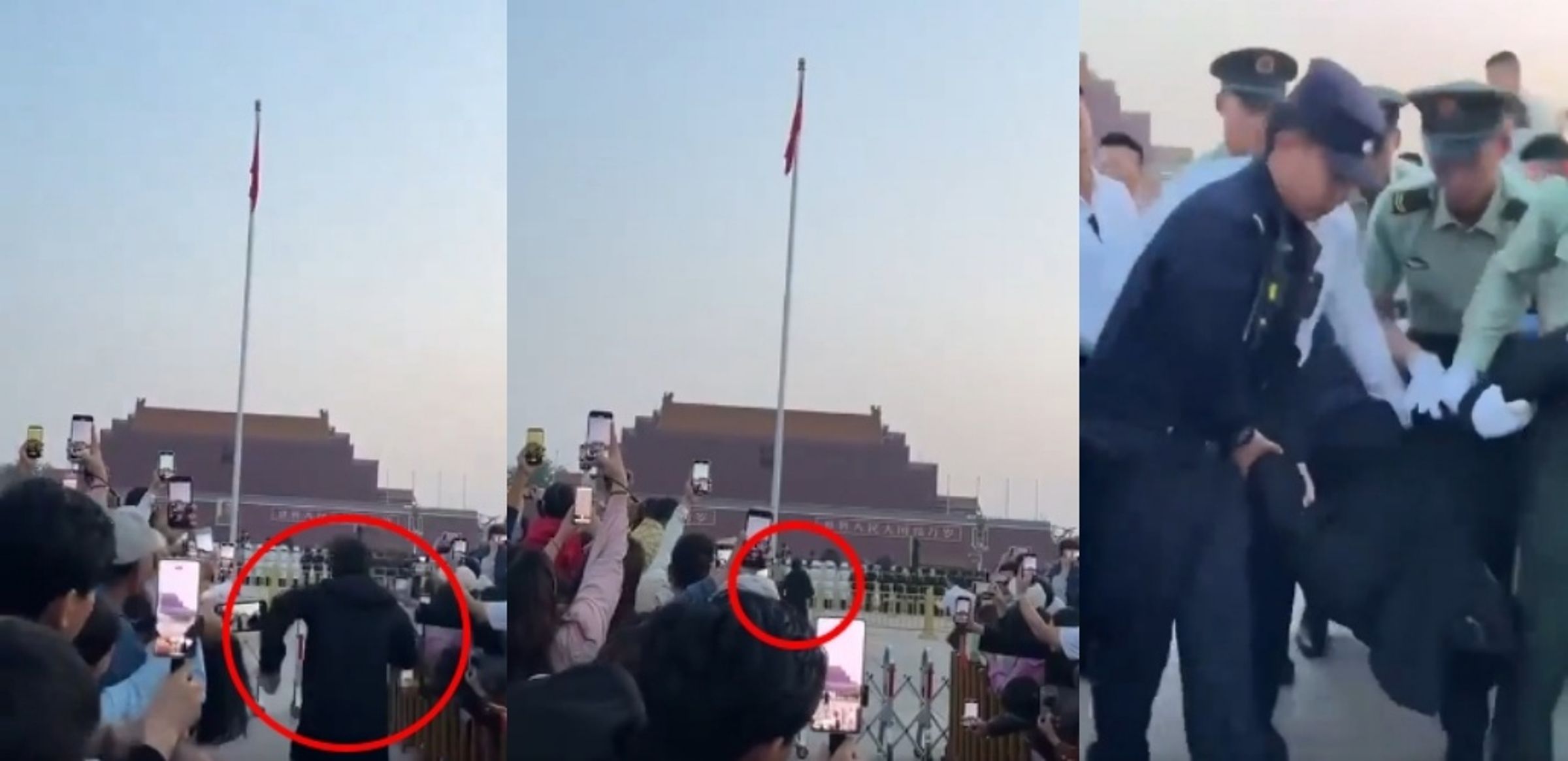 六四事件36週年前夕,北京天安門升旗儀式驚傳男子闖入旗台,隨後被維安人員湧上撲倒抬走,現場氣氛一度緊張。(翻攝自X @whyyoutouzhele)
