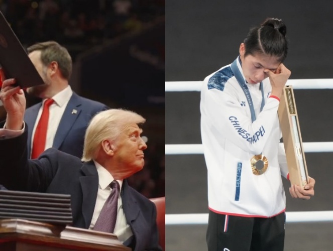 捍衛女子體育？ 川普稱「不容許男性擊敗女性運動員」，言論中疑似影射去年奪得奧運金牌的林郁婷（右）。（翻攝自川普X / 中華奧會提供）