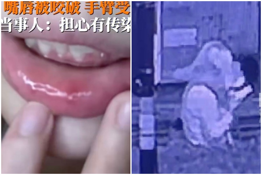 中國杭州一名年輕女子13日晚間在住家附近路邊滑手機，被一名陌生男子強吻。（翻攝自微博）