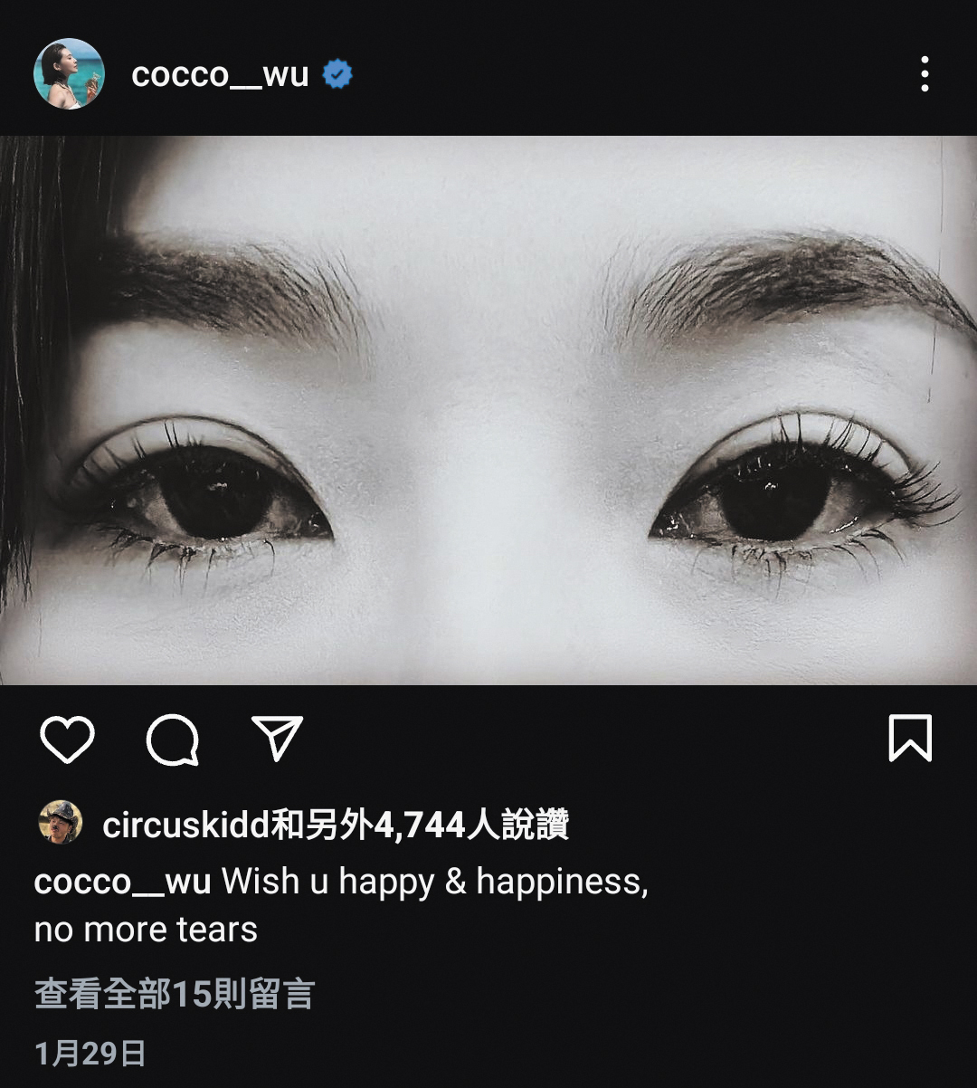 去年初，吳婉君曾在社群上抒發心情悲傷的文章。（翻攝自吳婉君IG）