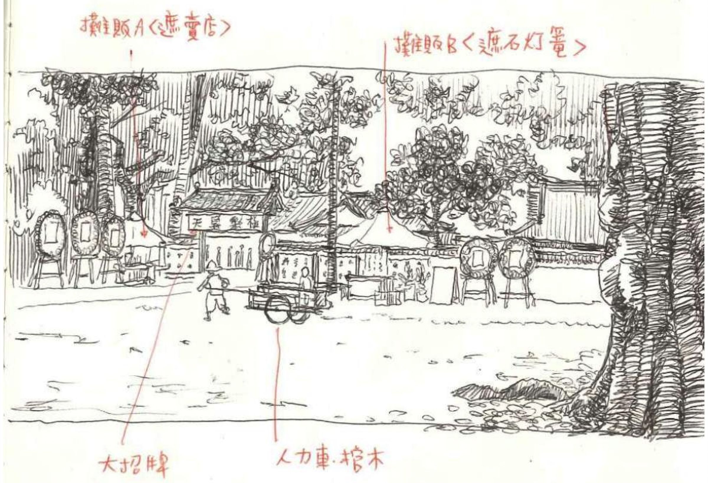 美術指導王誌成手繪片中極樂殯儀館門口陳設景觀。（王誌成提供）