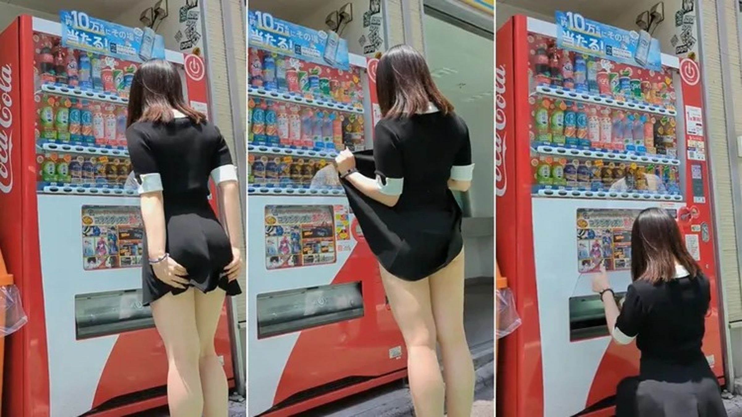自稱G奶女大生的女網友かな,在自動販賣機前露內褲,引發網友暴動。(翻攝maruhi_grace X)