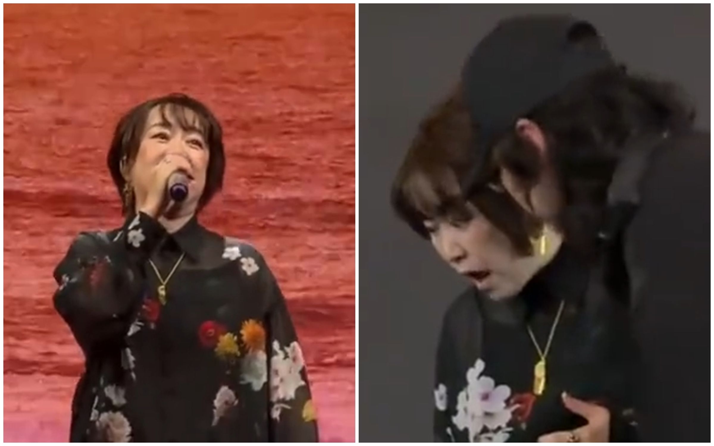 大槻真希日前在上海演出時,突然麥克風被切斷,工作人員將她請下台時,她露出難以置信的表情。(翻攝自微博)