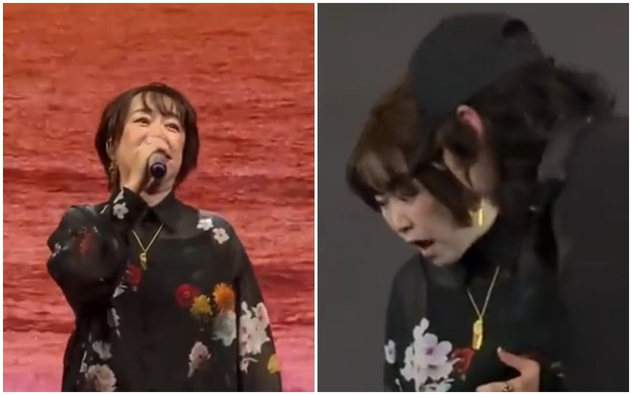 大槻真希日前在上海演出時，突然麥克風被切斷，工作人員將她請下台時，她露出難以置信的表情。（翻攝自微博）