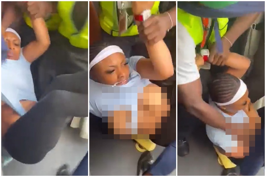 奈及利亞女乘客疑似不願開閉手機，遭到機場保全和機組員制服拖下飛機。（翻攝自X）