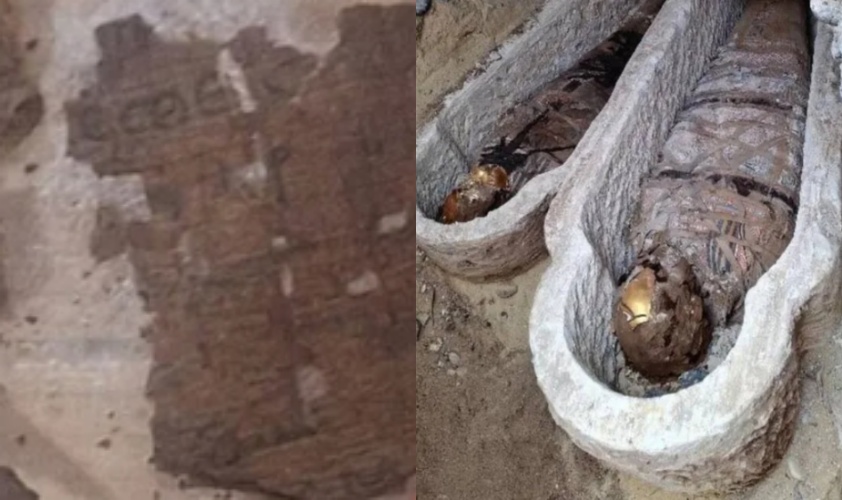 考古學者在埃及奧克西林庫斯的一處羅馬時期墓穴中，發現腹部填塞有紙莎草史詩抄本的木乃伊。（巴塞隆納大學提供、翻攝自埃及觀光及古物部）