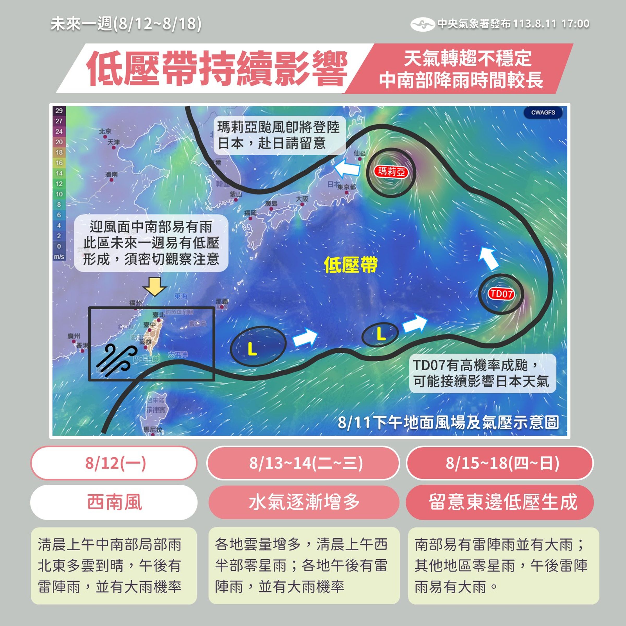 未來一週台灣受低氣壓帶持續影響,天氣轉趨不穩定。(氣象署提供)