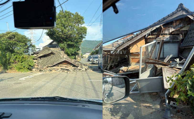 日本熊本縣今日下午發生規模7.1強震，最大震度高達7級，震源深度僅約10公里。強震導致多處老舊房屋倒塌、火災頻傳，許多民眾倉皇逃至戶外避難。（翻攝自X）