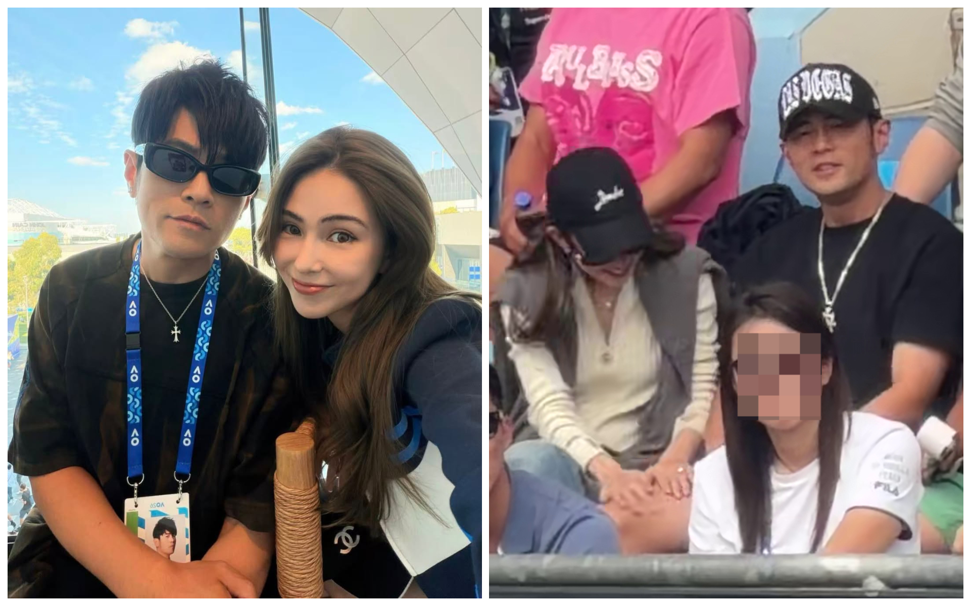 周杰倫和昆凌近日到澳網看球賽，昆凌伸手摸老公大腿，畫面在網路瘋傳。（翻攝hannah_quinlivan IG、小紅書）