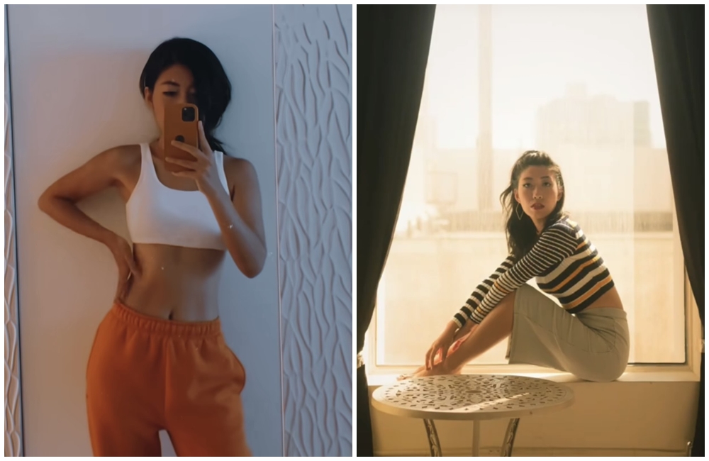 曲婉婷身穿白色運動內衣搭配橘色運動褲，露出纖細蠻腰。（翻攝自曲婉婷IG）