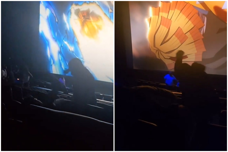 近日《鬼滅》劇場版在北美戲院放映時，因有觀眾就地解放濺到一旁小孩，遭對方家長痛毆。（翻攝自X）