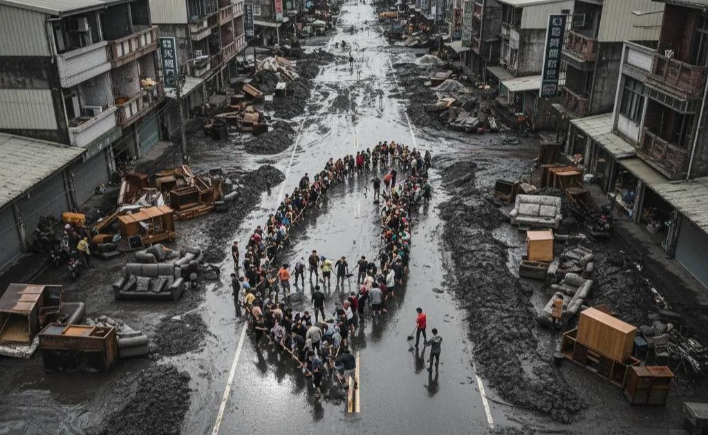 大批鏟子英雄們湧入花蓮災區協助災民清理家園，網路上還流傳一張排出台灣形狀疑似AI生成畫面，象徵台灣人團結一心、同島一命。（翻攝自Threads）