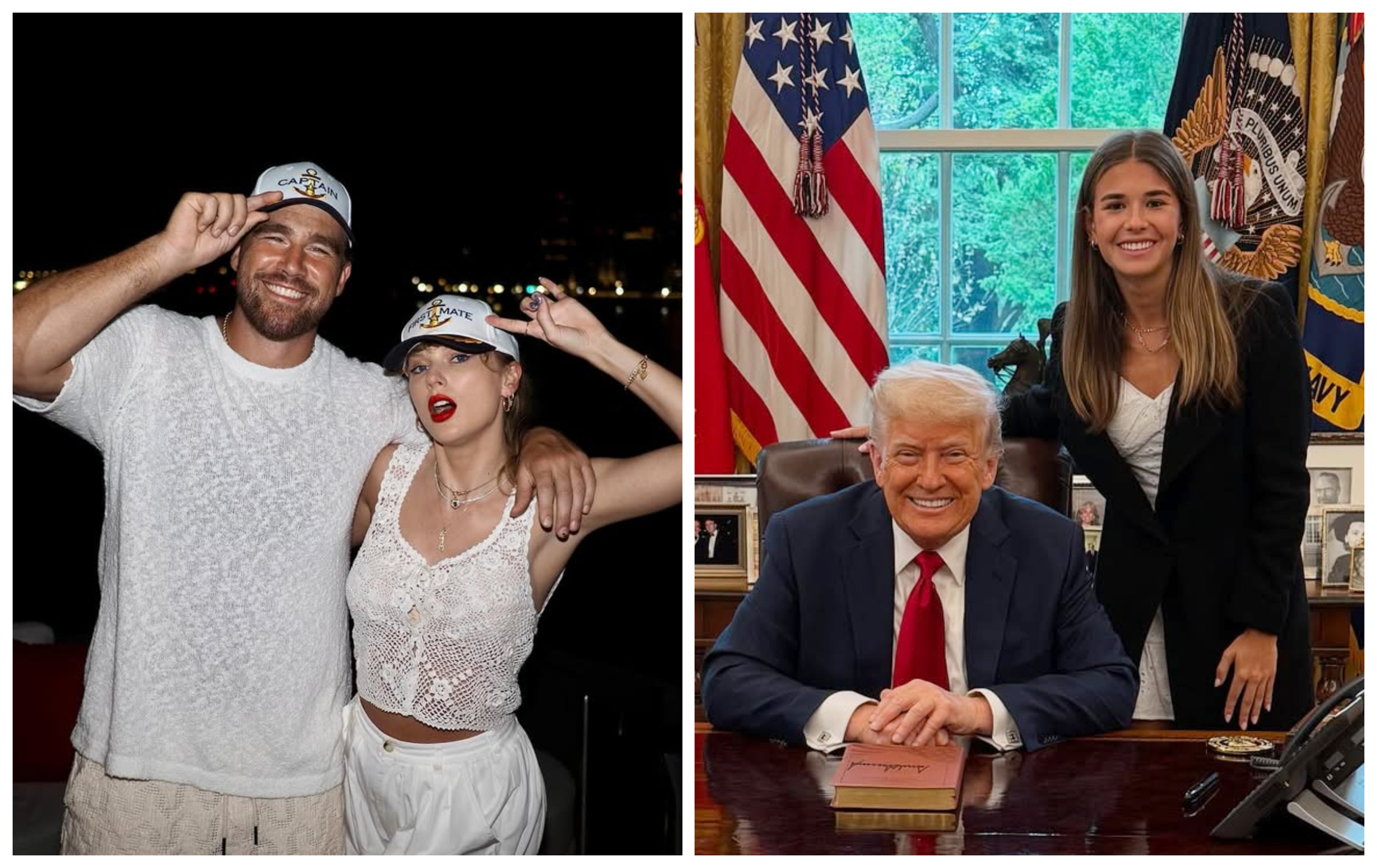 泰勒絲與崔維斯已經訂婚(左圖);川普和孫女凱伊祖孫感情好(右圖)。(翻攝killatrav IG、kaitrumpgolfer IG)