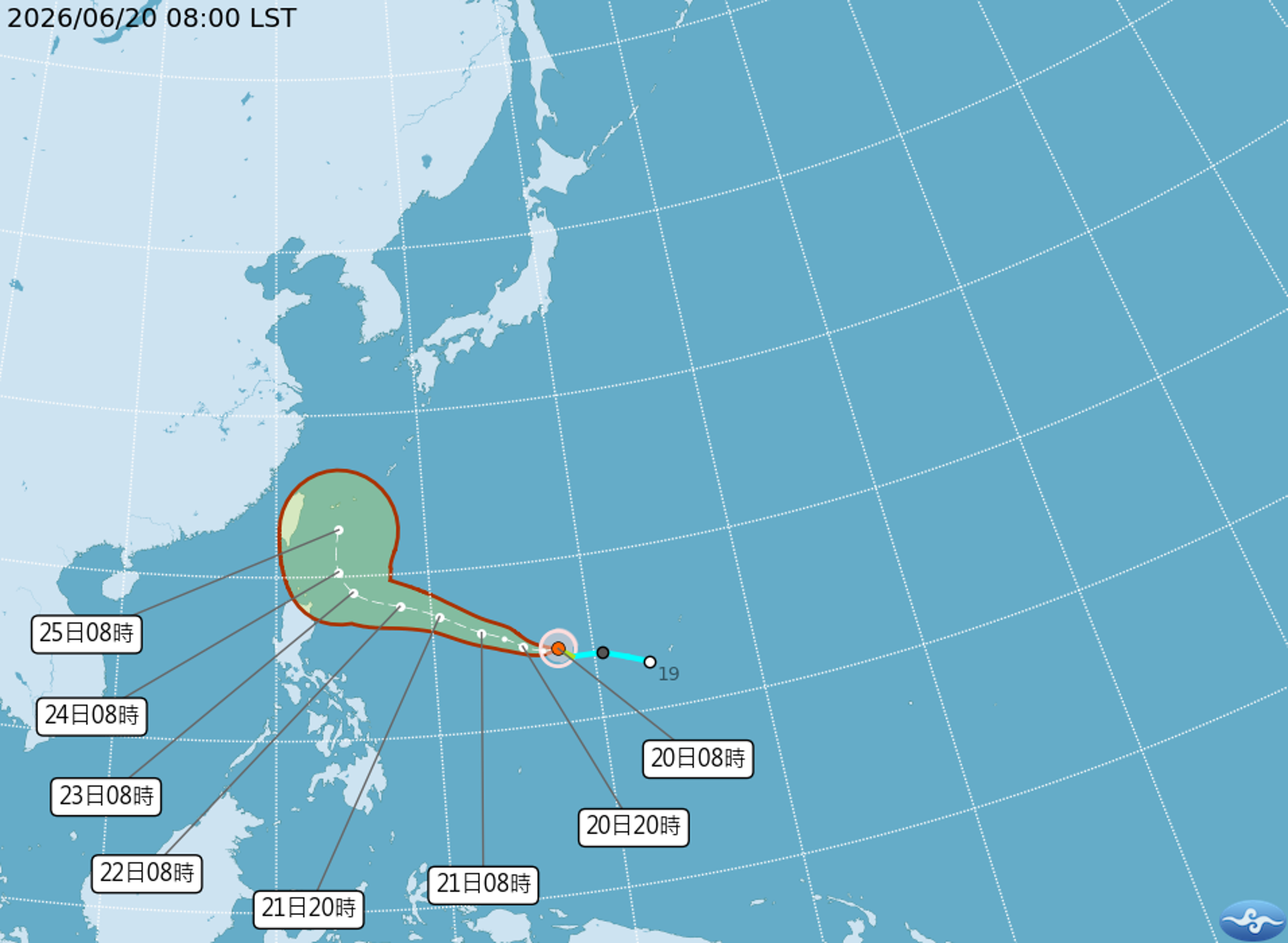今日凌晨2時生成的米克拉颱風,預期下周四、下周五可能會最接近台灣,目前預估是從台灣東方海面北上。(翻攝自中央氣象署官網)