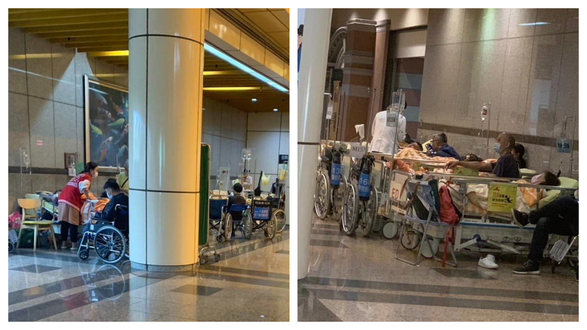 隨COVID-19疫情再起，醫院急診壅塞情形再現，陳昭姿於臉書貼出台大醫院推床滿至大廳畫面。（翻攝自臉書@陳昭姿）